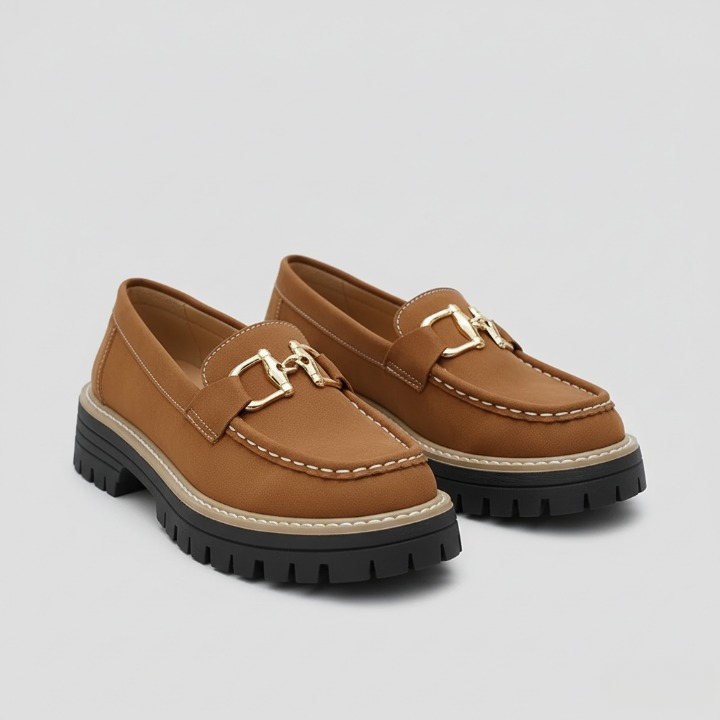 EQ - 007 | Orthopedic Gold-Buckle Platform Loafers For Women