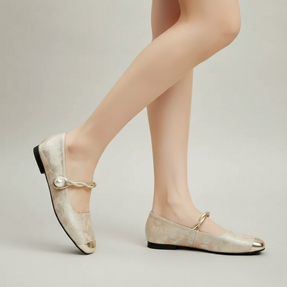 Women’s Pearl Strap Cap-Toe Flat